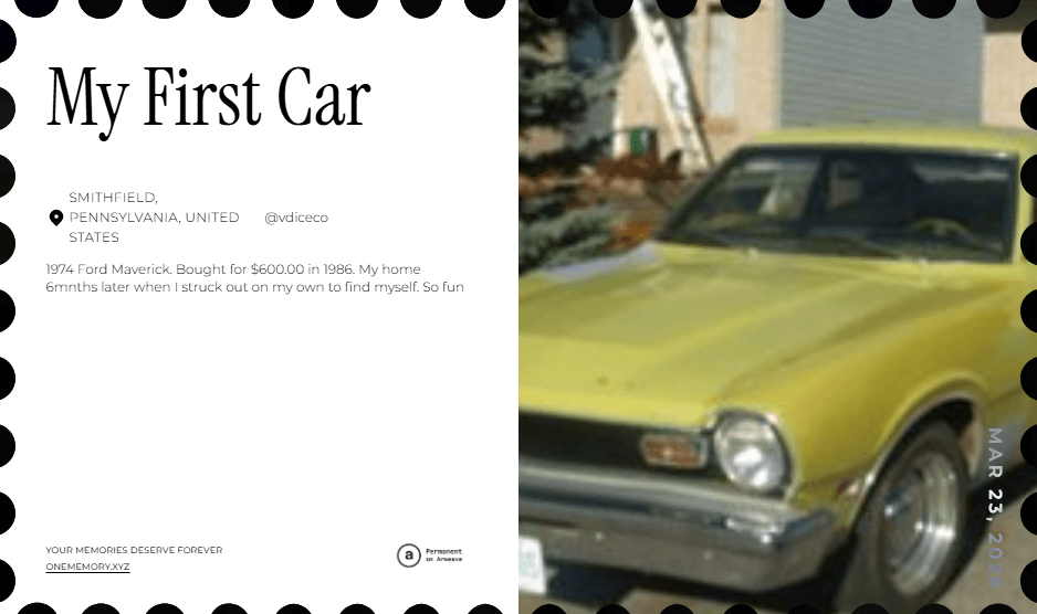 Memory graphic titled My First Car, featuring a photo of a yellow 1974 Ford Maverick.